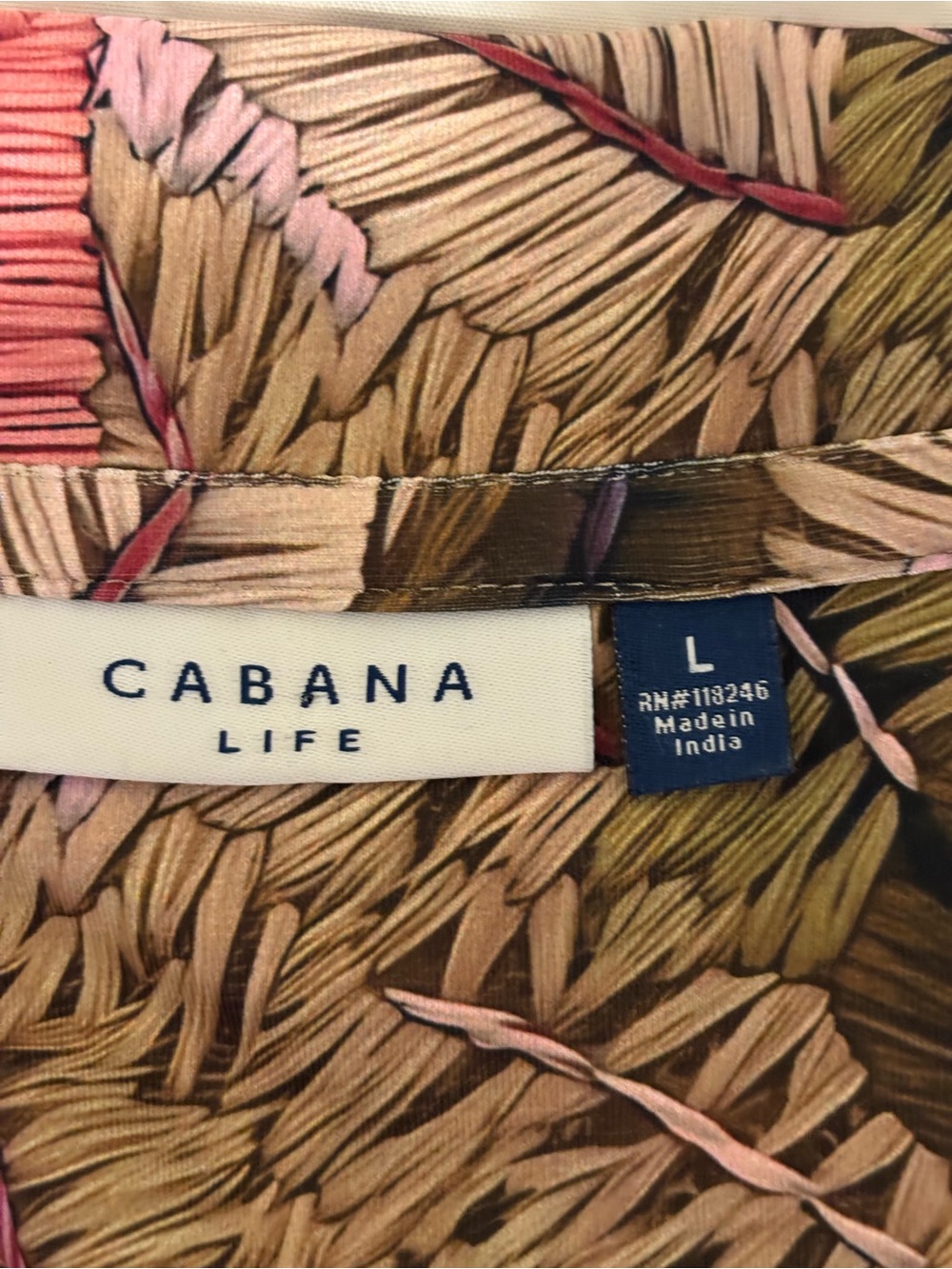 Cabana Life Tropical Leaf Print Belted Shirt Dress Pink Brown Size L - Picture 2 of 9